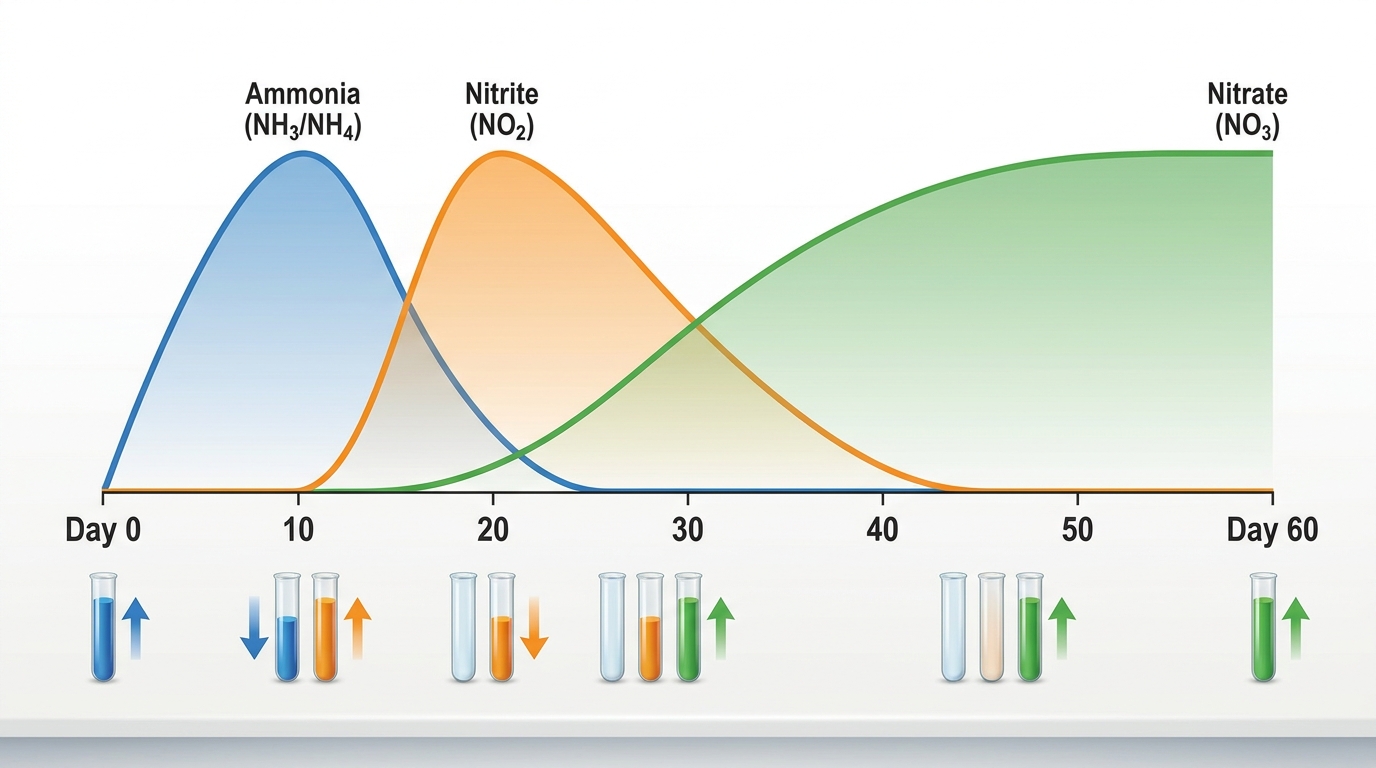 Typical nitrogen cycle phases during reef tank cycling.
