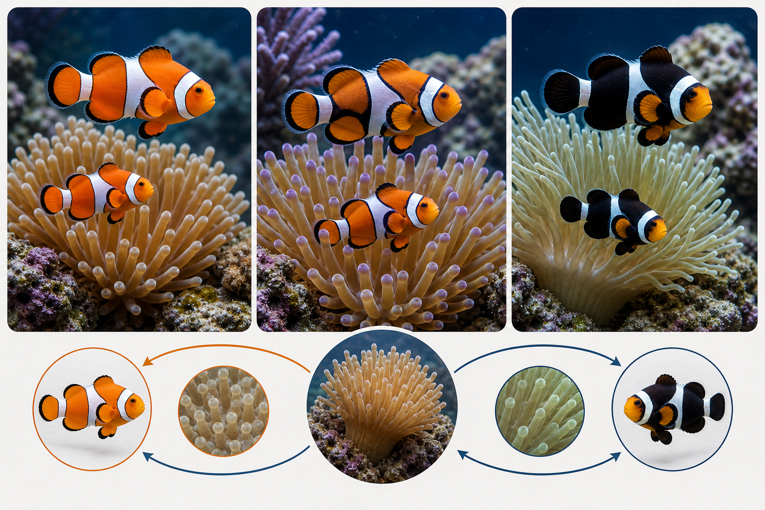Vue comparative des espèces/morphotypes de poissons-clowns et de leur symbiose avec l’anémone.