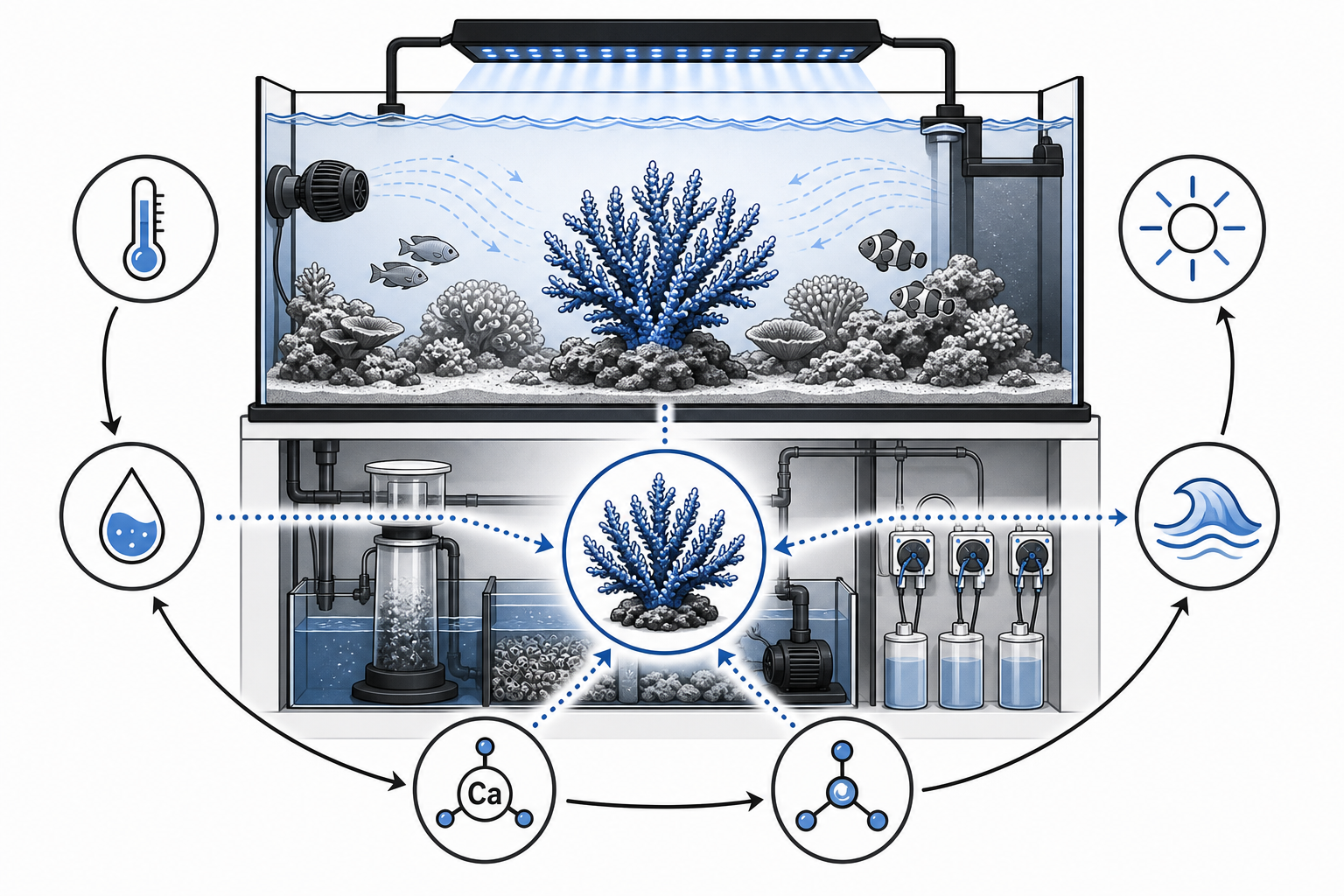 System diagram linking key water parameters and flow stability to Acropora health