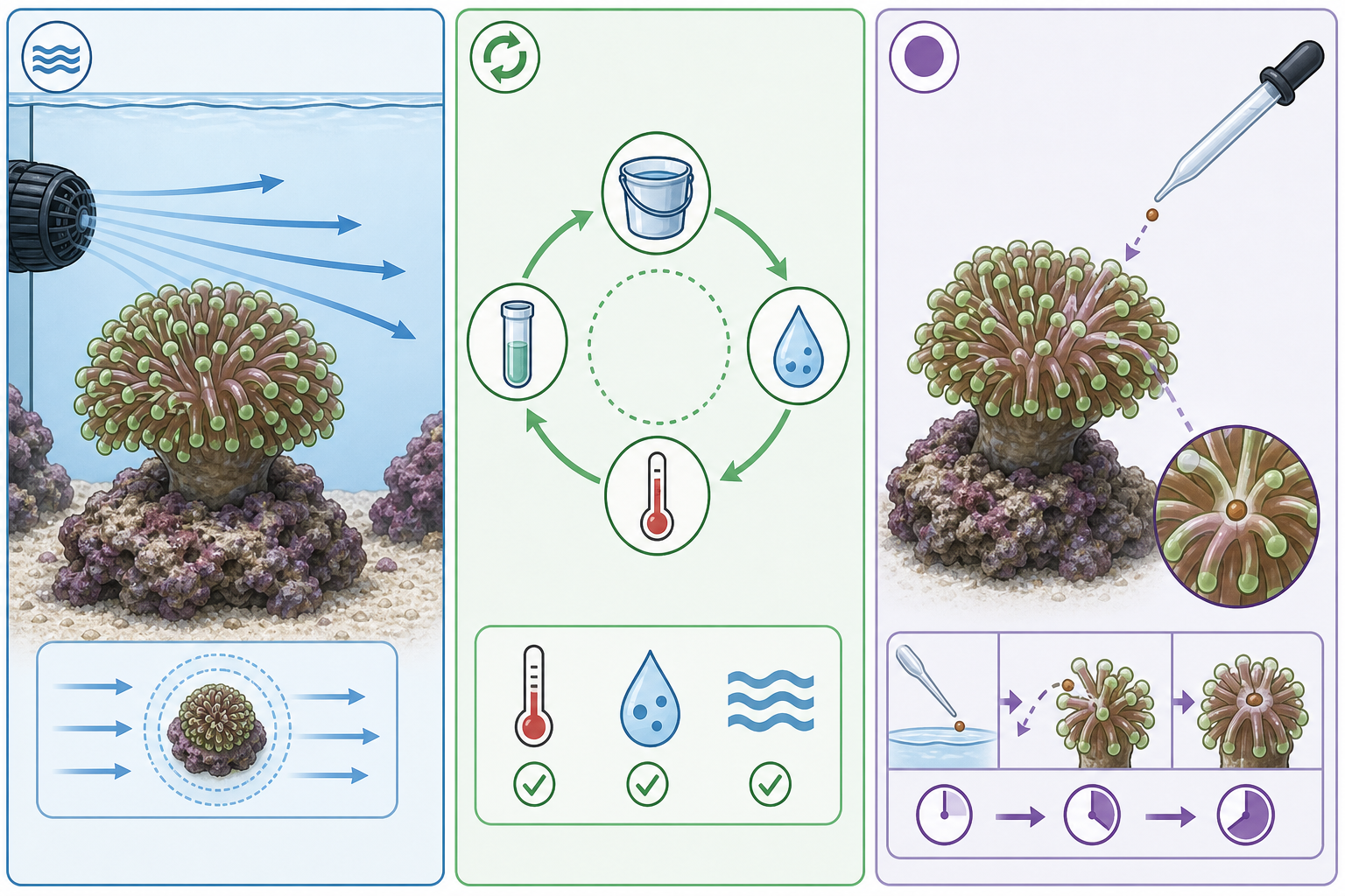 Schematic overview of maintenance, placement, and careful feeding steps for Euphyllia.