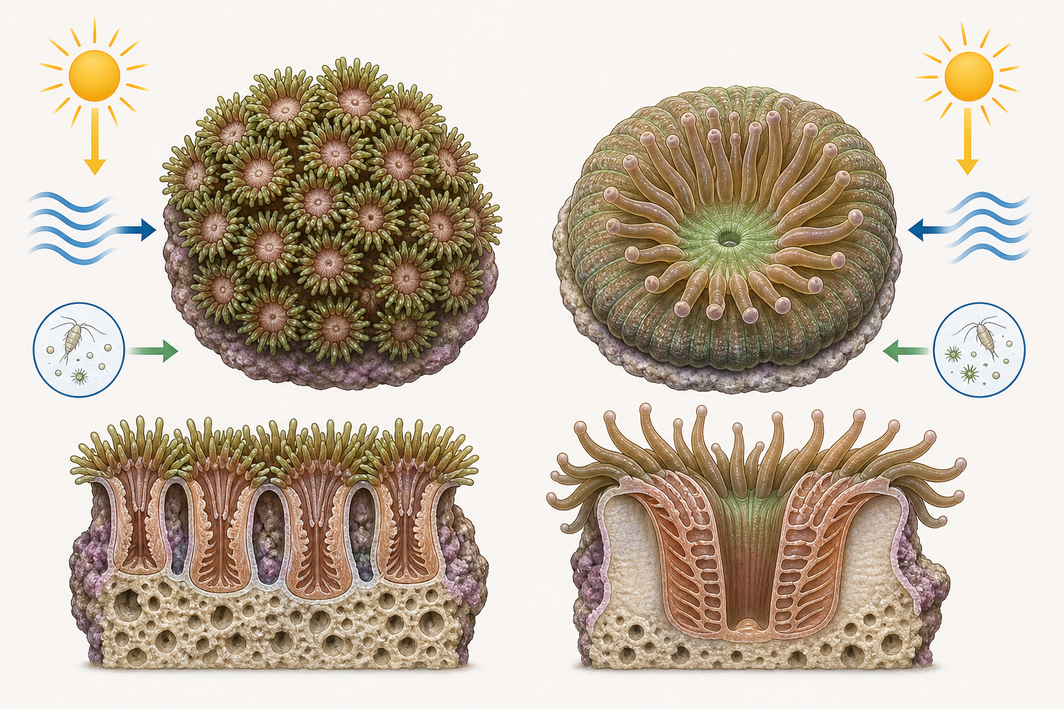 Comparative schematic of Goniopora and Catalaphyllia polyp structure and care factors (icons only).